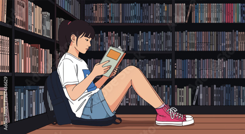 A young woman sits on the floor in a library reading a book on a sunny day with a stack of books behind her.