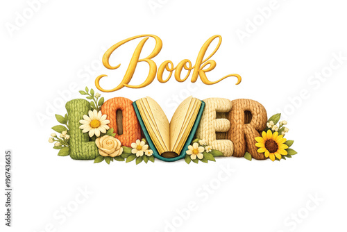 Book Lover Typography Floral Illustration PNG Set Cute Reading Design with Open Book Letters