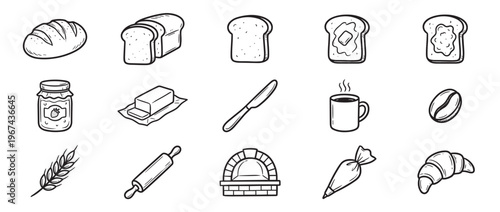 Collection of hand-drawn bakery and breakfast items, including bread, jam, butter, coffee, and baking tools, in a simple doodle style