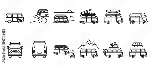 Various black outline camper van icons depicting different travel scenarios and outdoor adventures on a clean white surface