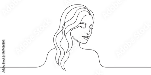 Continuous line drawing of a beautiful woman with closed eyes and flowing hair, rendered in a minimalist style