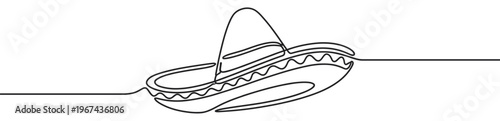 Black continuous line drawing of a traditional Mexican sombrero hat, featuring a wide brim and decorative band, on a clean white surface