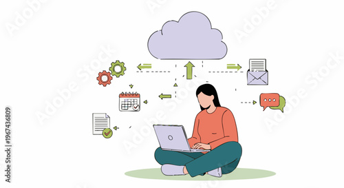 Woman managing digital workflow, cloud services, and online communication on laptop