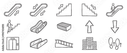 Collection of hand-drawn black and white icons depicting various modes of vertical transportation and directional arrows