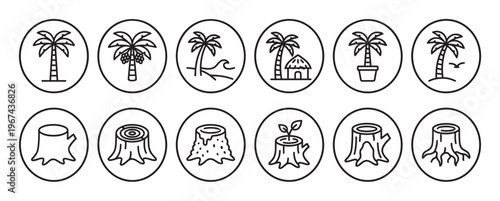 Collection of black outline palm tree and tree stump icons in circular frames, featuring various tropical and nature-related elements