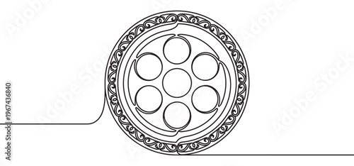 Single continuous line drawing of an ornate film reel with six circular openings and decorative swirls