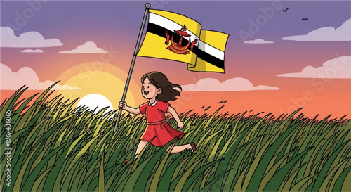 Little girl running with brunei flag in sunset field