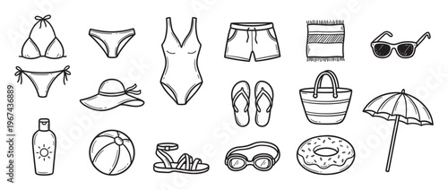 Collection of hand-drawn black and white summer beach vacation items, including swimwear, accessories, and fun objects