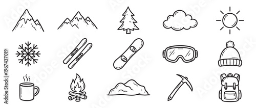 Collection of hand-drawn doodle style icons representing various elements of winter sports and outdoor activities