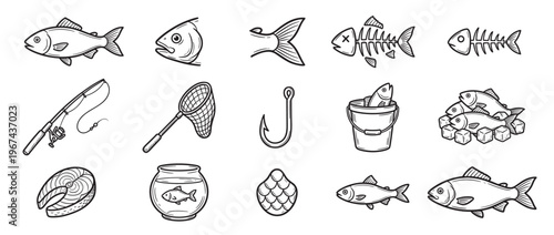 Various hand-drawn black and white fish and fishing-related icons are neatly arranged in a grid pattern
