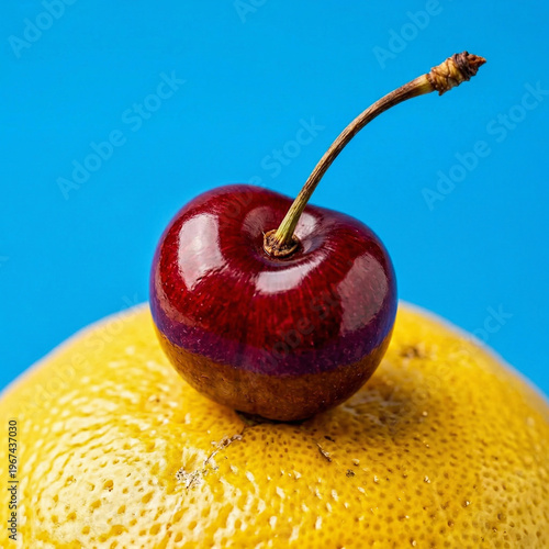 glossy cherry perched on bright citrus against vivid blue, creating bold color contrast and clean modern freshness