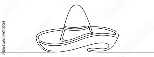Simple black line drawing of a traditional Mexican sombrero hat with a wide brim and pointed crown