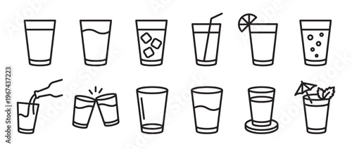 Collection of twelve black outline drink glass icons showing various beverages and serving styles