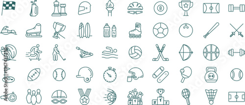 50 Modern Sports and Athletics Line Icon Set Featuring Team Games Fitness Equipment and Outdoor Recreation Symbols