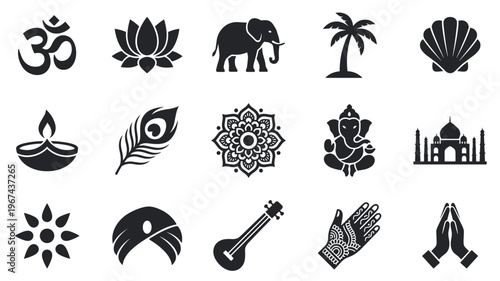 Collection of black silhouette Indian culture and religion icons, including Om symbol, lotus, elephant, and Taj Mahal