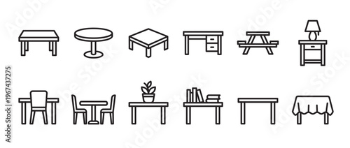 Collection of various table and furniture line icons, including dining tables, desks, and nightstands, presented in a clean, minimalist style