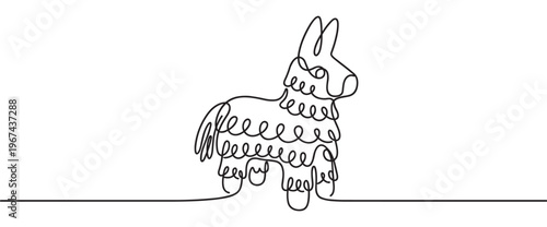 Continuous line art drawing of a festive llama piñata, rendered in a minimalist black and white style