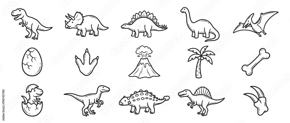 Obraz premium Collection of hand-drawn black and white dinosaur icons and prehistoric elements in a simple, cartoon style