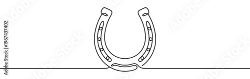 Single continuous line drawing of a lucky horseshoe with nail holes, depicted in a minimalist black and white style