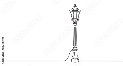 Single continuous line drawing of a classic ornate street lamp post with intricate details, presented in a minimalist style