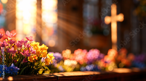 Row of colorful spring flowers with sun rays and a blurred cross. Easter resurrection concept