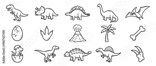 Collection of hand-drawn black and white dinosaur icons and prehistoric elements in a simple, cartoon style