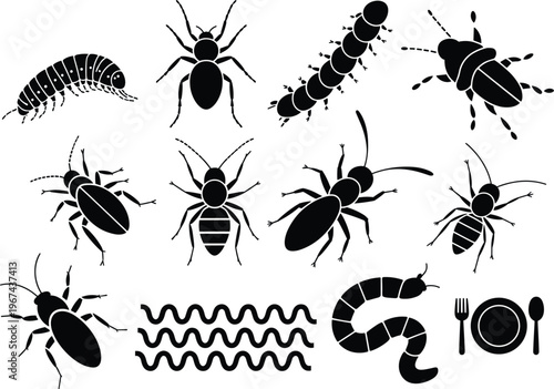 Set of insect silhouettes including ants, beetles, worms, and larvae representing pests, entomology, and nature elements in black design
