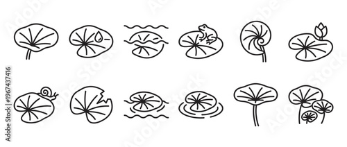 Collection of simple black outline water lily pads, some with a frog, snail, or bud, in a clean, graphic style
