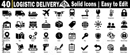 Logistic delivery solid icons. Collection featuring a truck van, cargo ship, plane, a drone, a train weighing scale, a fragile temperature lock warehouse pallet route, vector illustration.