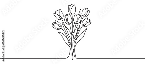 Beautiful continuous line drawing of a bouquet of tulips with elegant stems and closed buds, rendered in a minimalist black and white style