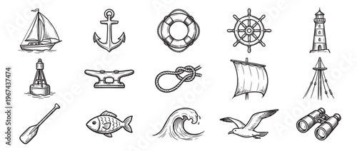 Collection of hand-drawn nautical elements including a sailboat, anchor, lifebuoy, and lighthouse in a sketch style