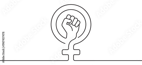 Continuous line drawing depicts a powerful feminist symbol with a raised fist inside the female gender sign, representing strength and unity
