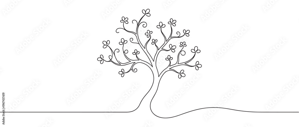 Fototapeta premium Stylized black outline drawing of a tree with swirling branches and clover-like leaves, rendered in a continuous line art style