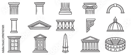 Various hand-drawn architectural elements, including columns, arches, balustrades, and domes, are depicted in a clean, illustrative style
