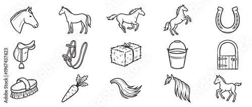 Collection of hand-drawn black and white line art illustrations depicting various horse-related objects and animals in a simple, graphic style