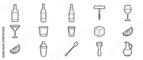 Collection of hand-drawn black and white line art icons depicting various bar and cocktail items, including bottles, glasses, and tools