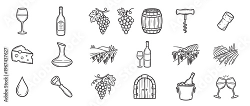 Collection of hand-drawn wine-related icons, including bottles, glasses, grapes, barrels, and vineyard scenes, presented in a clean, illustrative style