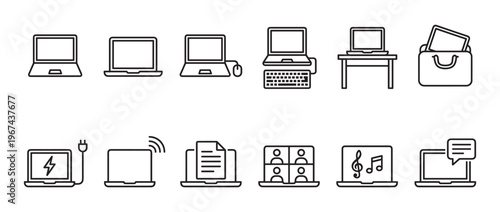 Comprehensive set of black outline laptop icons representing various uses and accessories, presented clearly on a white surface