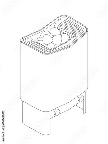 Sauna heater - hand drawn isometric black and white vector illustration.