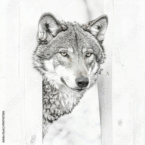 focused wolf emerging between weathered boards, capturing wild presence, sharp detail, and quiet winter intensity
