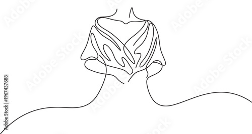 Minimalist continuous line art drawing of a woman's upper body with flowing dress details, rendered in black on a clean white field