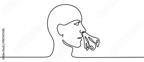 Single continuous line drawing of a person's profile blowing their nose into a crumpled tissue, illustrating illness or allergies