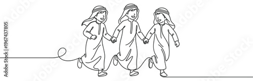 Three happy young Arab children wearing traditional thobes and ghutras are running together, holding hands with joyful expressions