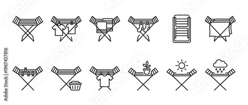 Collection of black outline icons depicting various laundry drying racks and related activities, presented clearly