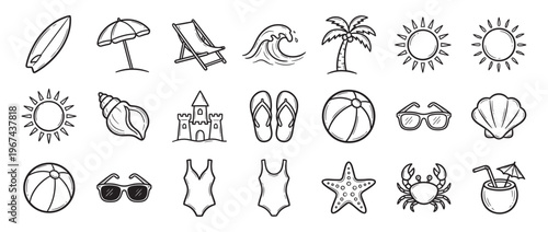 Collection of hand-drawn black and white summer beach vacation icons, including surfboards, umbrellas, and palm trees