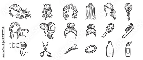 Collection of hand-drawn hair styles and hairdressing tools, including various hair types, combs, brushes, and styling products