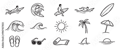 Collection of hand-drawn black and white summer and surfing related icons, including surfers, waves, sun, palm tree, and beach items