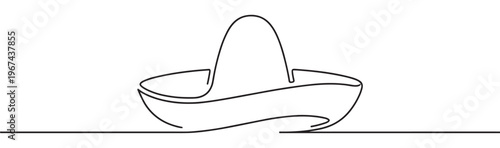 Simple black line drawing of a traditional Mexican sombrero hat with a wide brim and tall crown