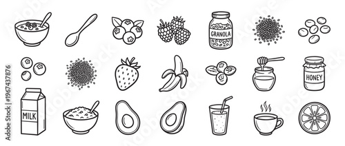 Collection of hand-drawn breakfast food icons, including fruits, grains, and beverages, presented in a clean, illustrative style