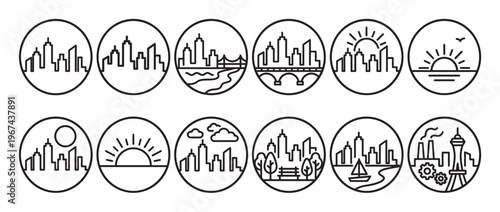 Collection of twelve simple black outline circular cityscape icons depicting various urban and natural scenes